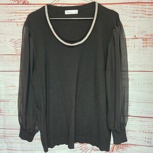 89th + Madison Womens Black Knit Top Sheer Long Sleeve Rhinestone Neck Large